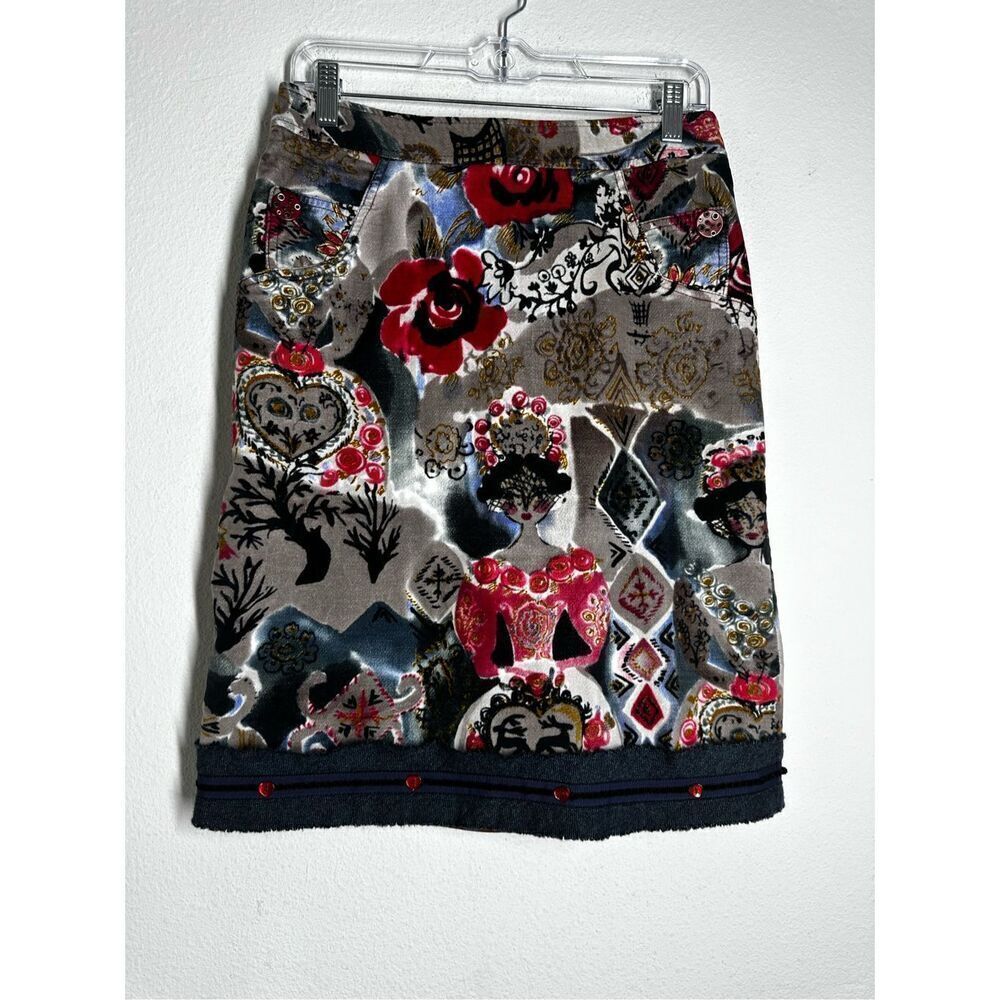 Vintage Jota Mas Ge Bohemian Size US 8 Midi Velour Skirt Straight Black Red